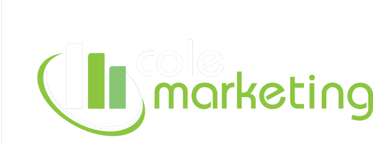 Cole Marketing logo in white and green for dark backgrounds